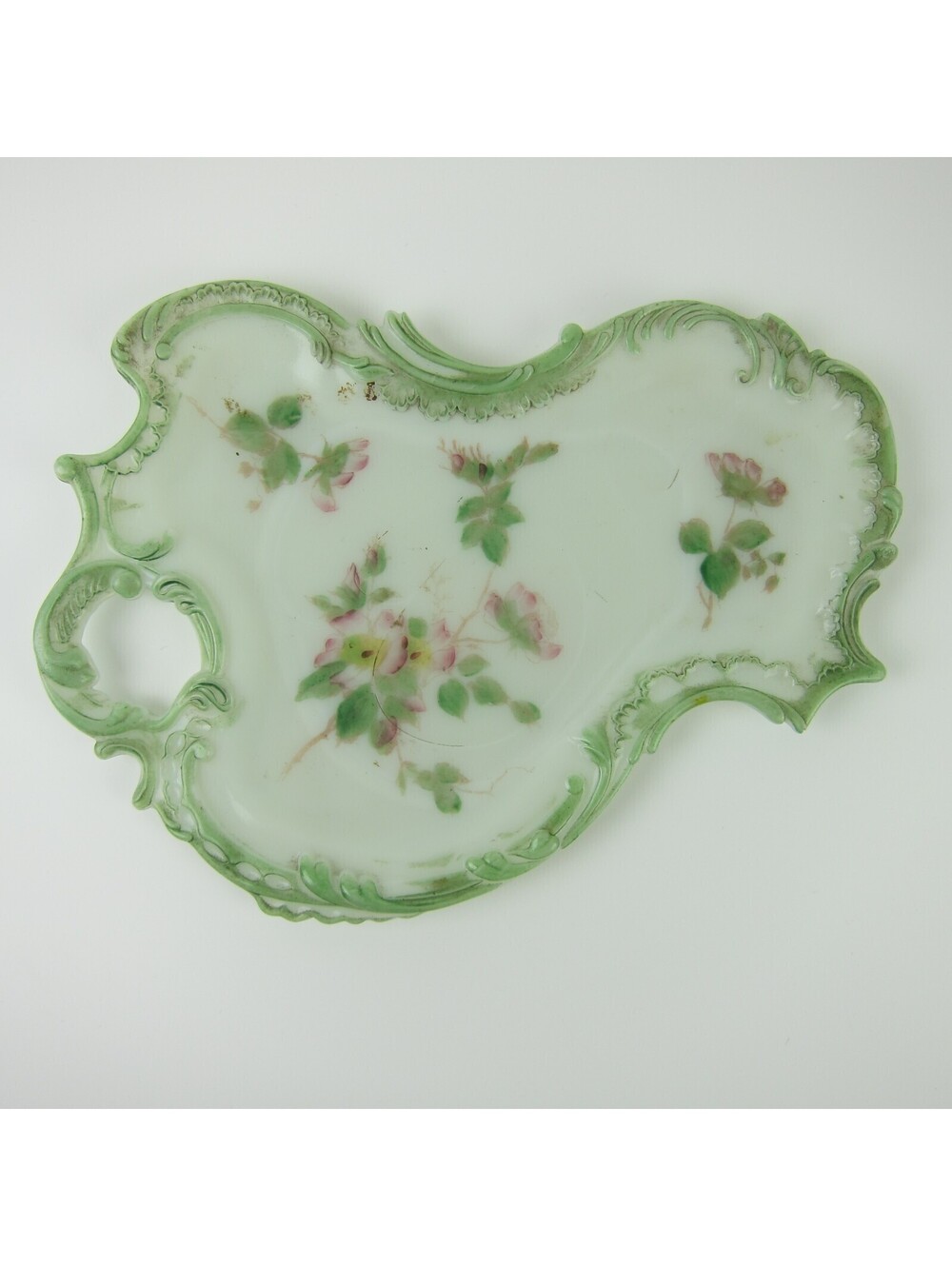Vintage Milk Glass Vanity Tray / Candy Dish Green & Pink Flowers Open Handle